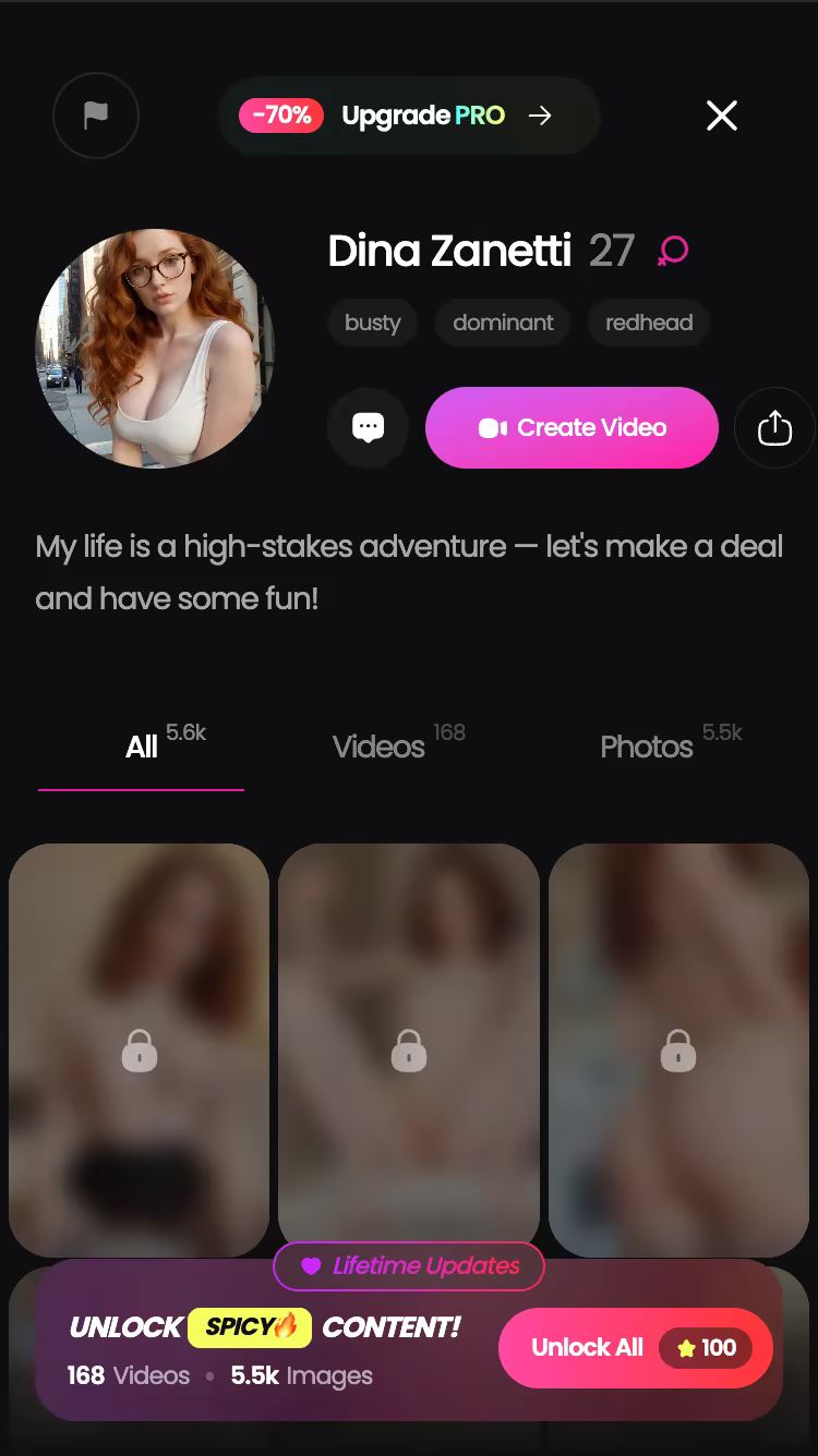 GoLove.ai Charakterprofil mit Bio, Tags und Medienbibliothek auf dem Handy