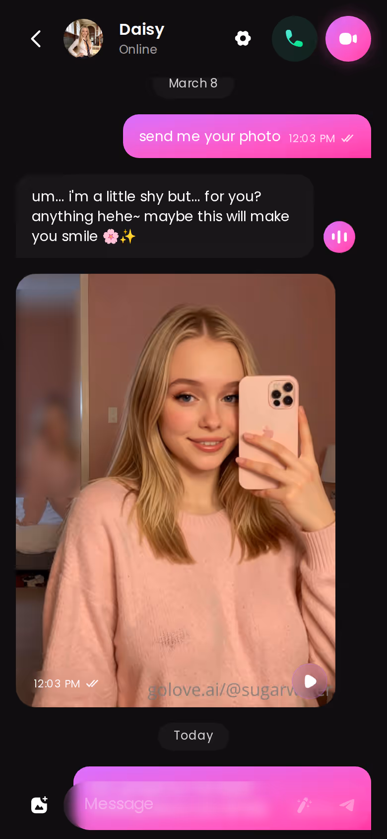 Laufender Chat-Verlauf in der GoLove-App mit Nachrichten und einem angeforderten Foto direkt im Gespräch