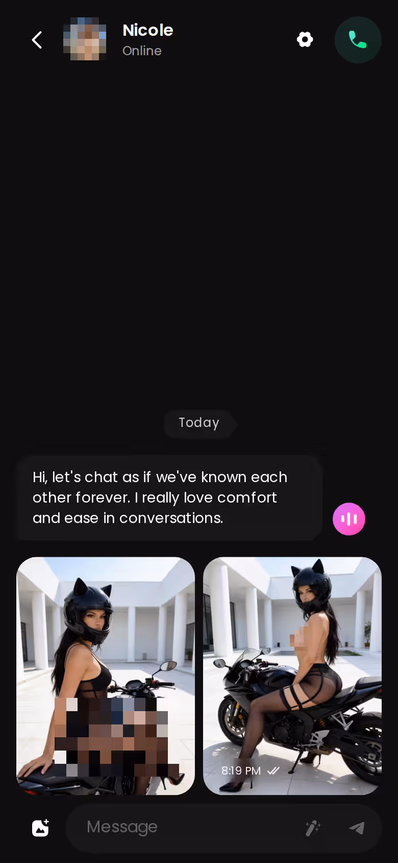 Mobiler GoLove-Chat mit einer Figur, die Fotos von sich direkt im Gesprächsverlauf schickt