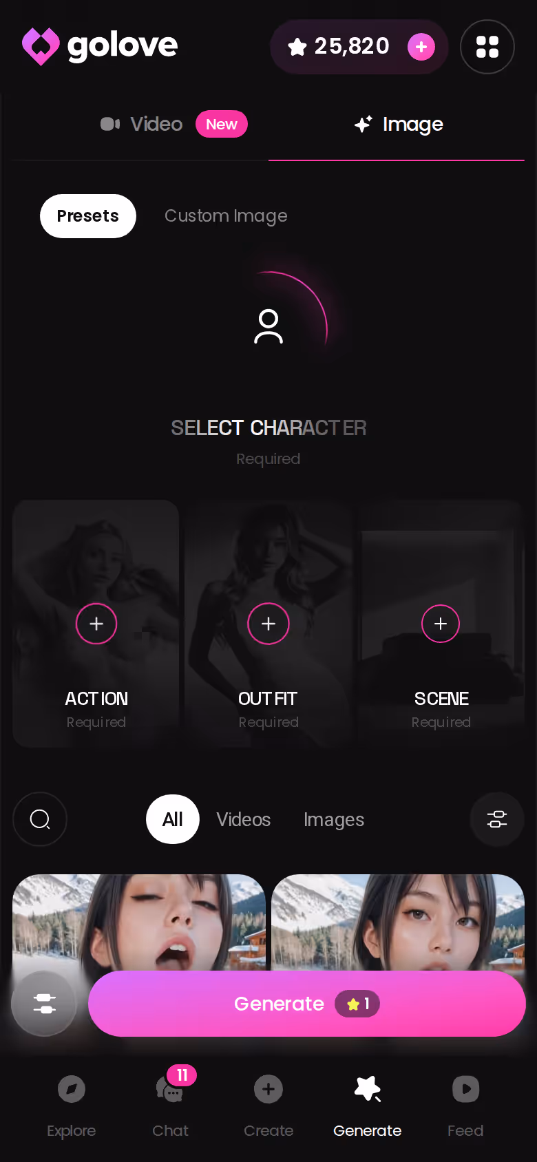 Bild-Modus im GoLove.ai Generator auf dem Handy mit Auswahl von Pose, Outfit und Hintergrund