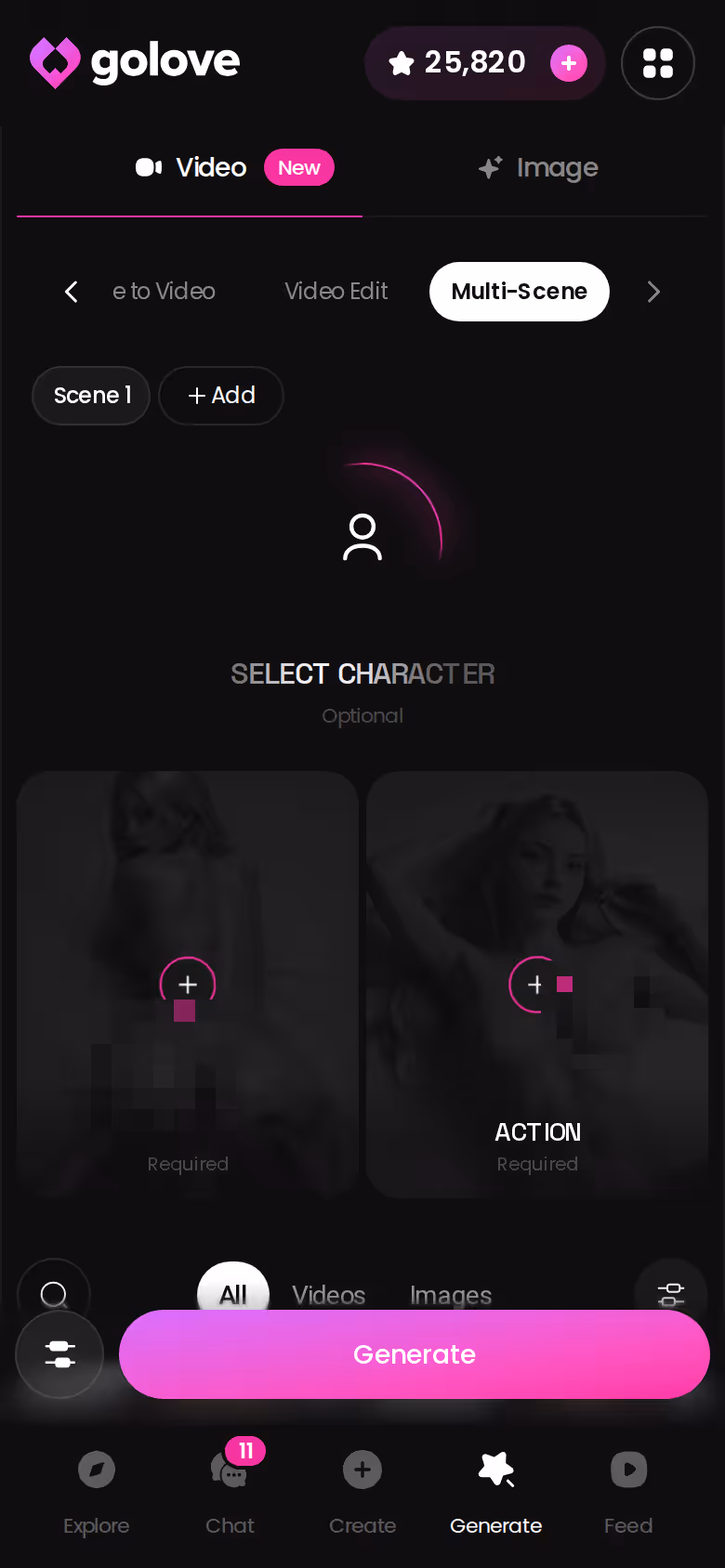 Multi-Szene im Video-Generator von GoLove.ai auf dem Handy